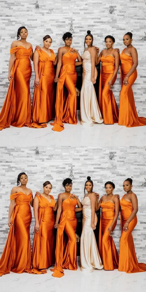 Mismatched Satin Off Shoulder V-neck Long Bridesmaid Dresses with Trailing, BG671