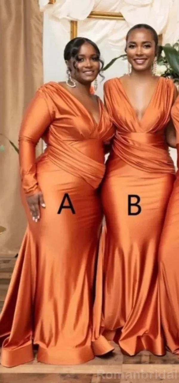 Mismatched V-neck One Shoulder Mermaid Papaya Satin Bridesmaid Dresses Online, BG488