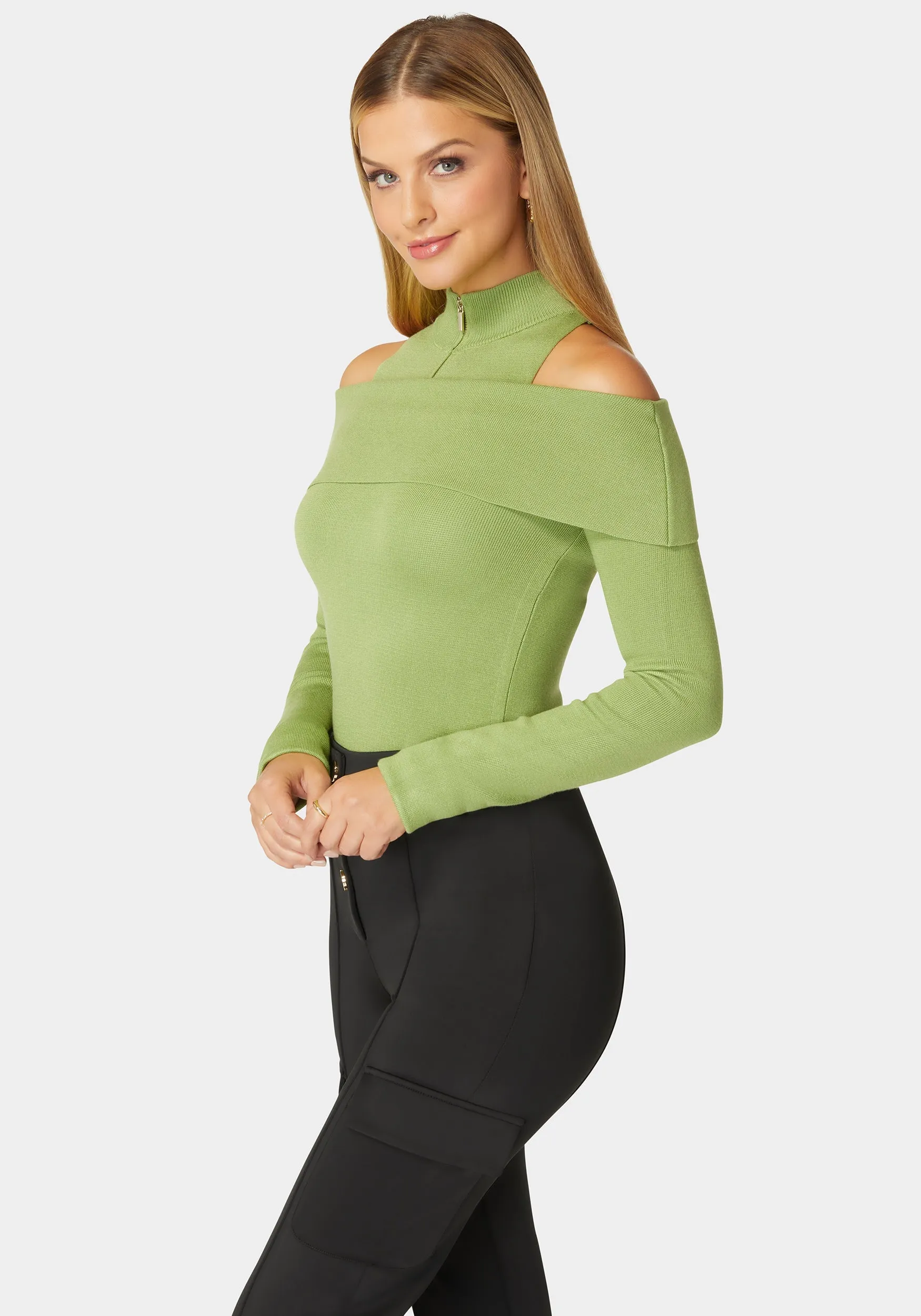 Mock Neck Zip Detail Cold Shoulder Sweater