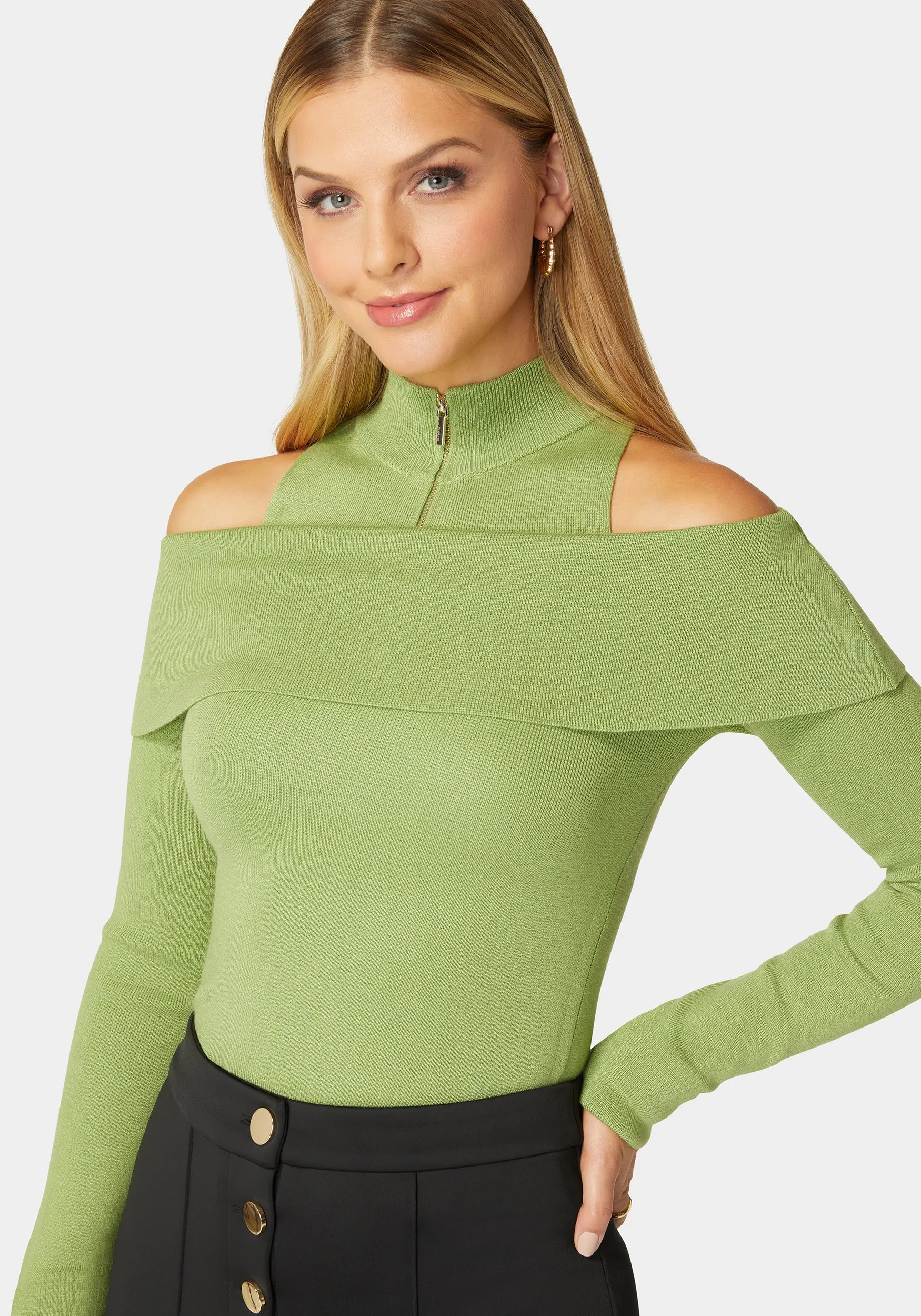 Mock Neck Zip Detail Cold Shoulder Sweater