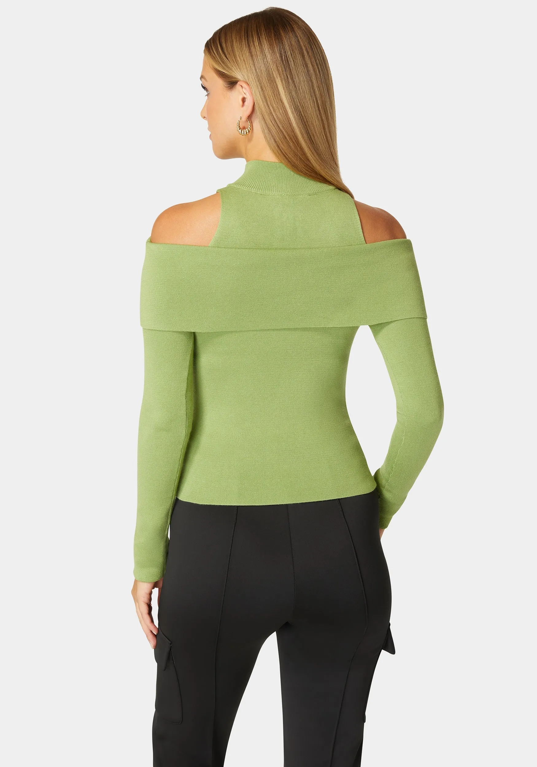 Mock Neck Zip Detail Cold Shoulder Sweater