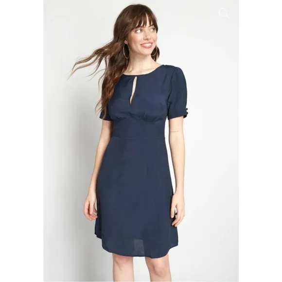Modcloth Navy Blue The Keyhole Story A-Line Dress Size 14 Women Short Sleeve
