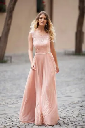 Modest Blush Pink Lace Chiffon Sleeveless Backless A-Line Long Prom Dress OK835