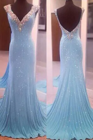 Modest V-Neck Sleeveless Sequins Blue Mermaid Backless Floor-Length Long Prom Dress OK397
