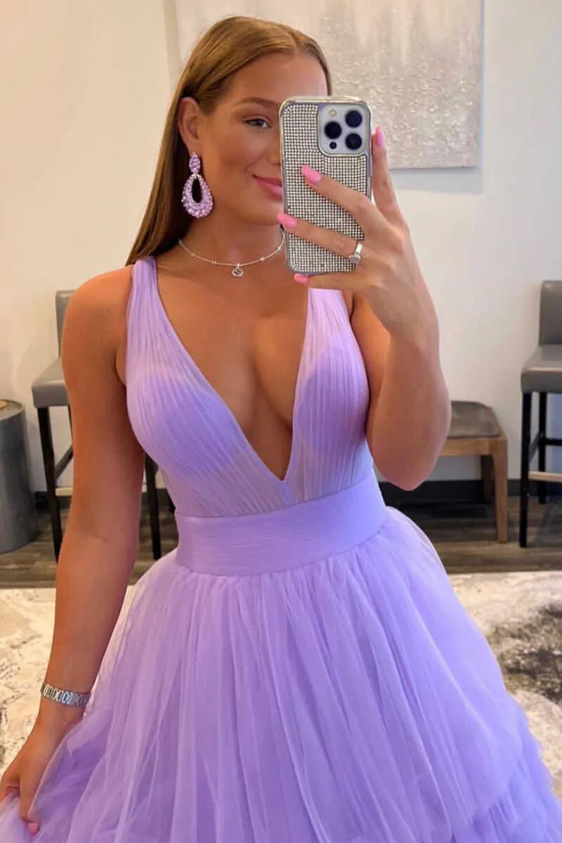 Multi-Tiered Lavender Plunge Neck A-Line Long Prom Dress Evening Party Dress OK1531