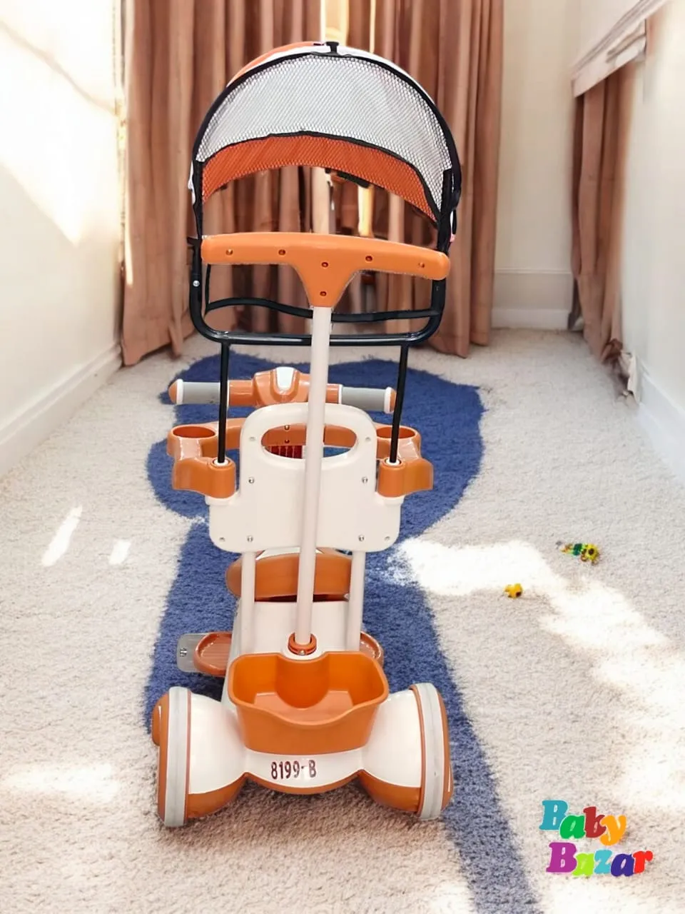 Multifunctional Baby Tricycle with Canopy Safety Handle & Footrest Premium Ride for Kids Orange & White