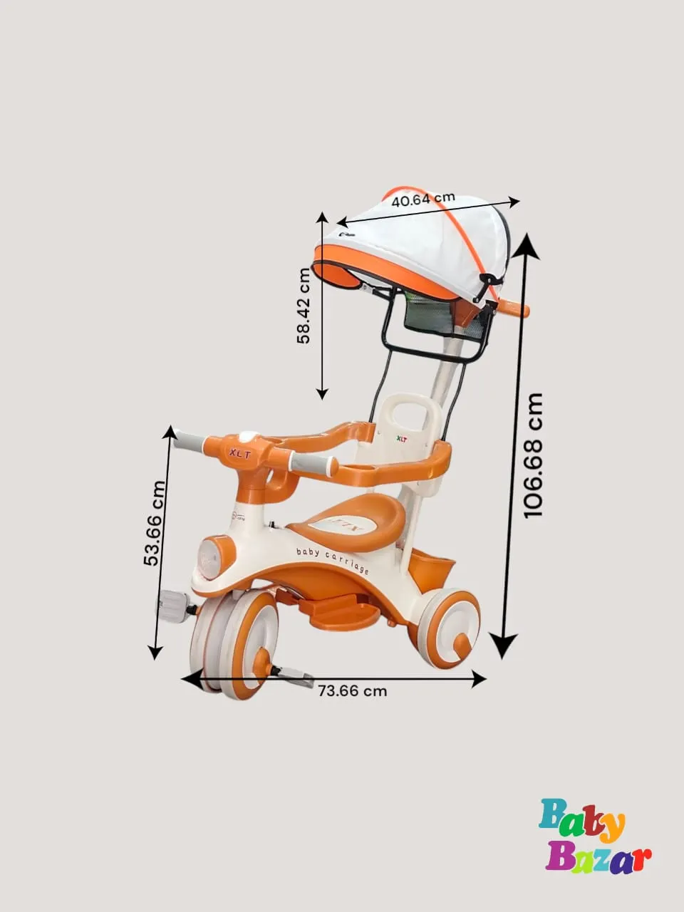 Multifunctional Baby Tricycle with Canopy Safety Handle & Footrest Premium Ride for Kids Orange & White