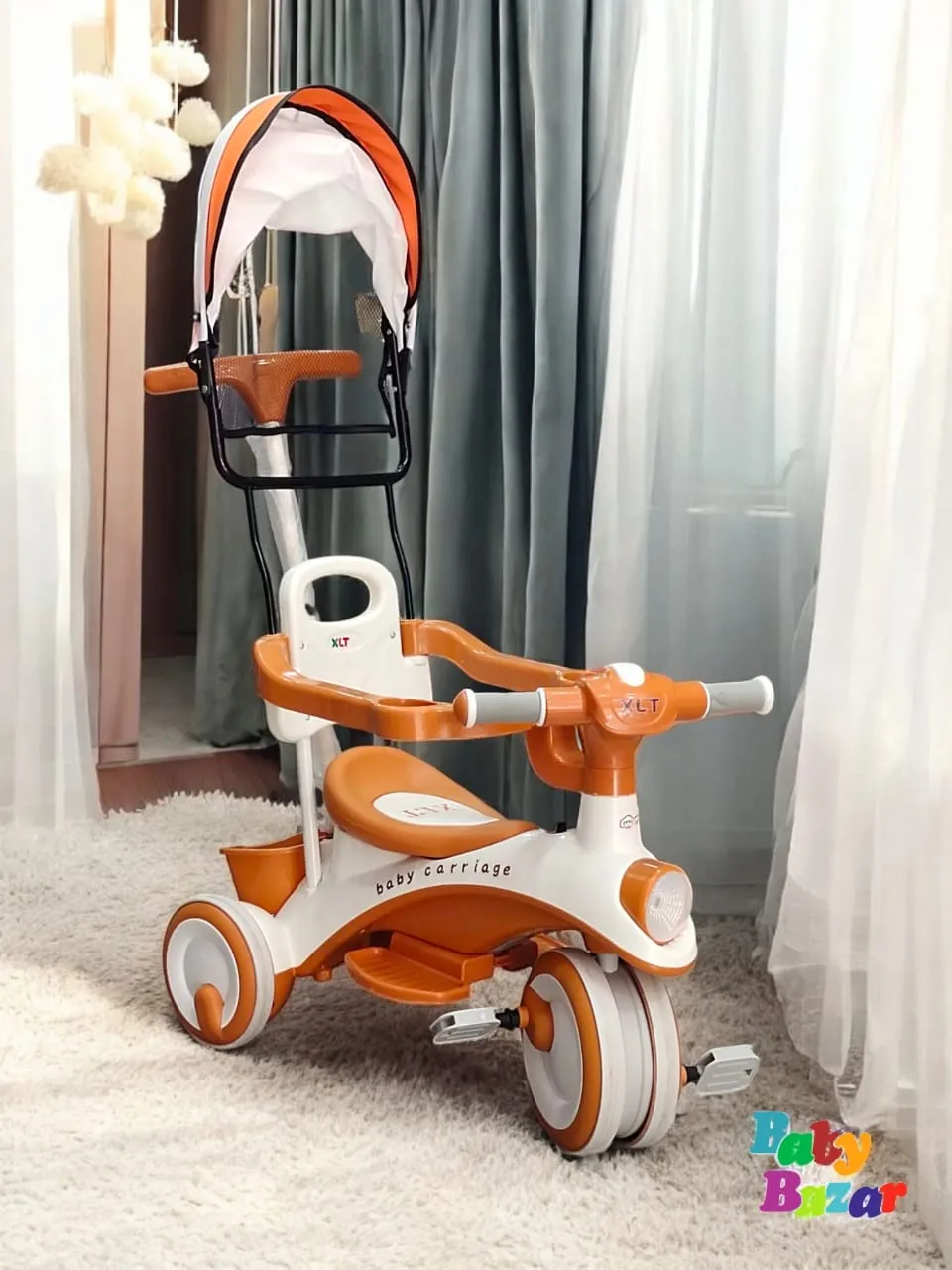 Multifunctional Baby Tricycle with Canopy Safety Handle & Footrest Premium Ride for Kids Orange & White
