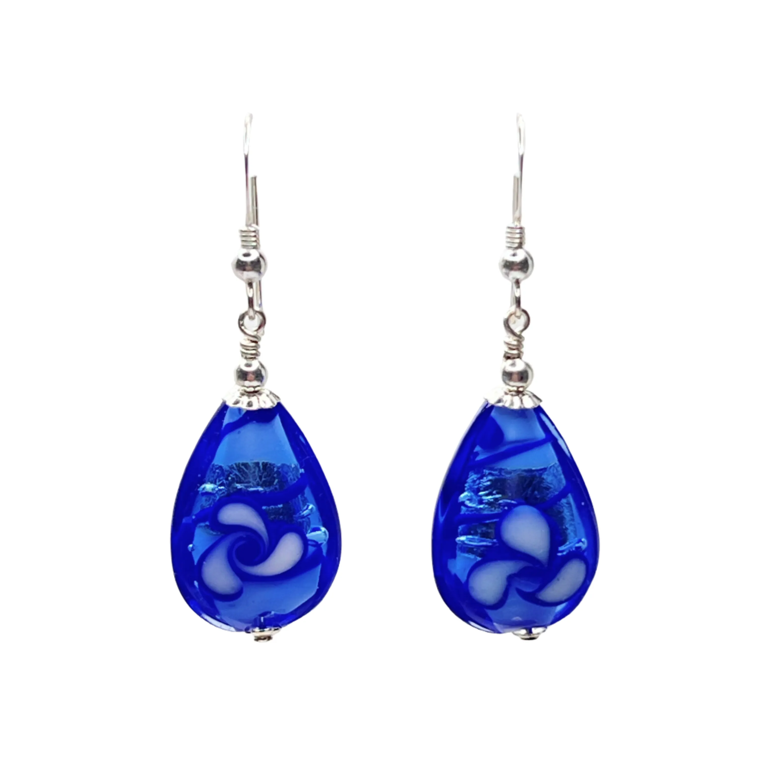 Murano Glass Blue Flower Teardrop Sterling Silver Earrings