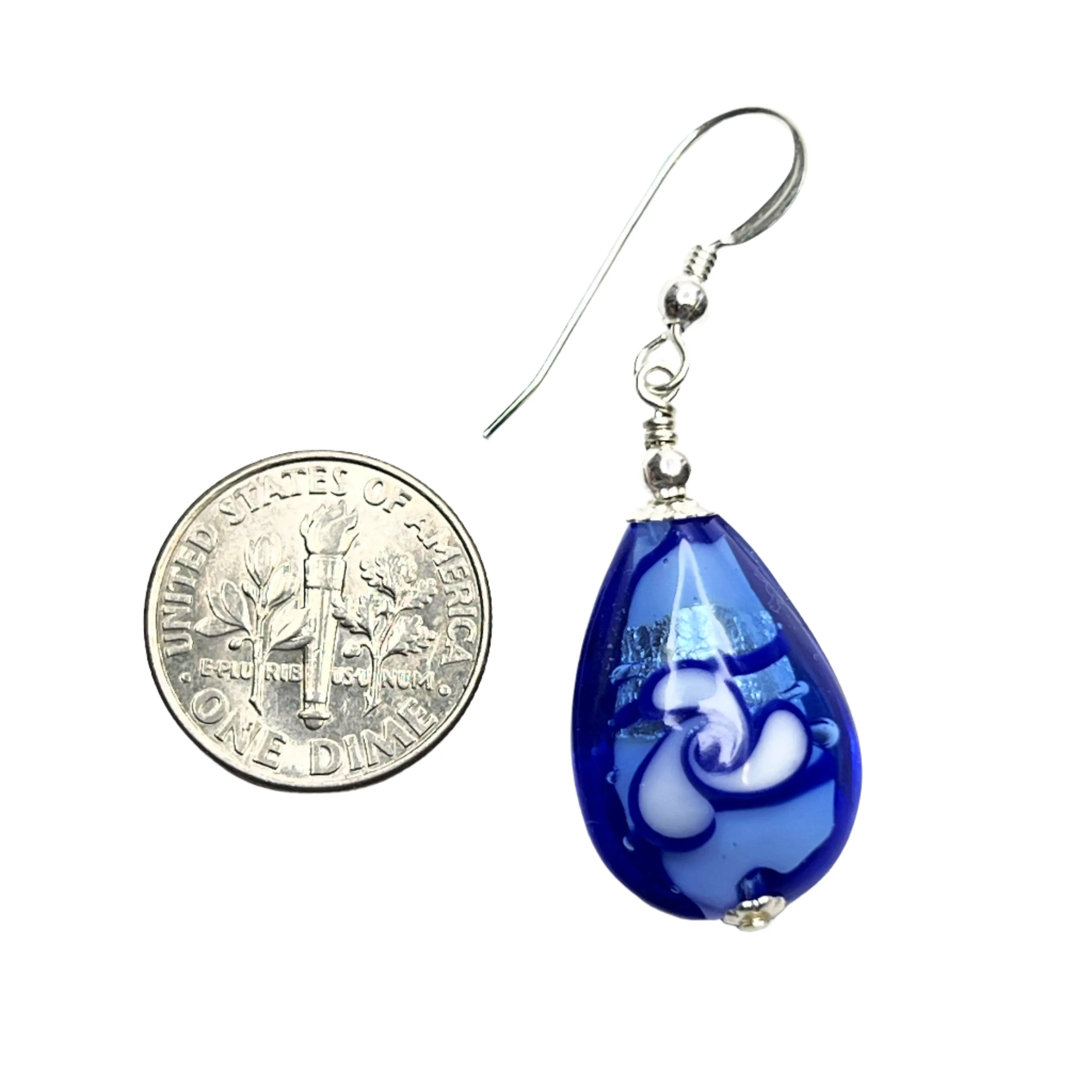Murano Glass Blue Flower Teardrop Sterling Silver Earrings
