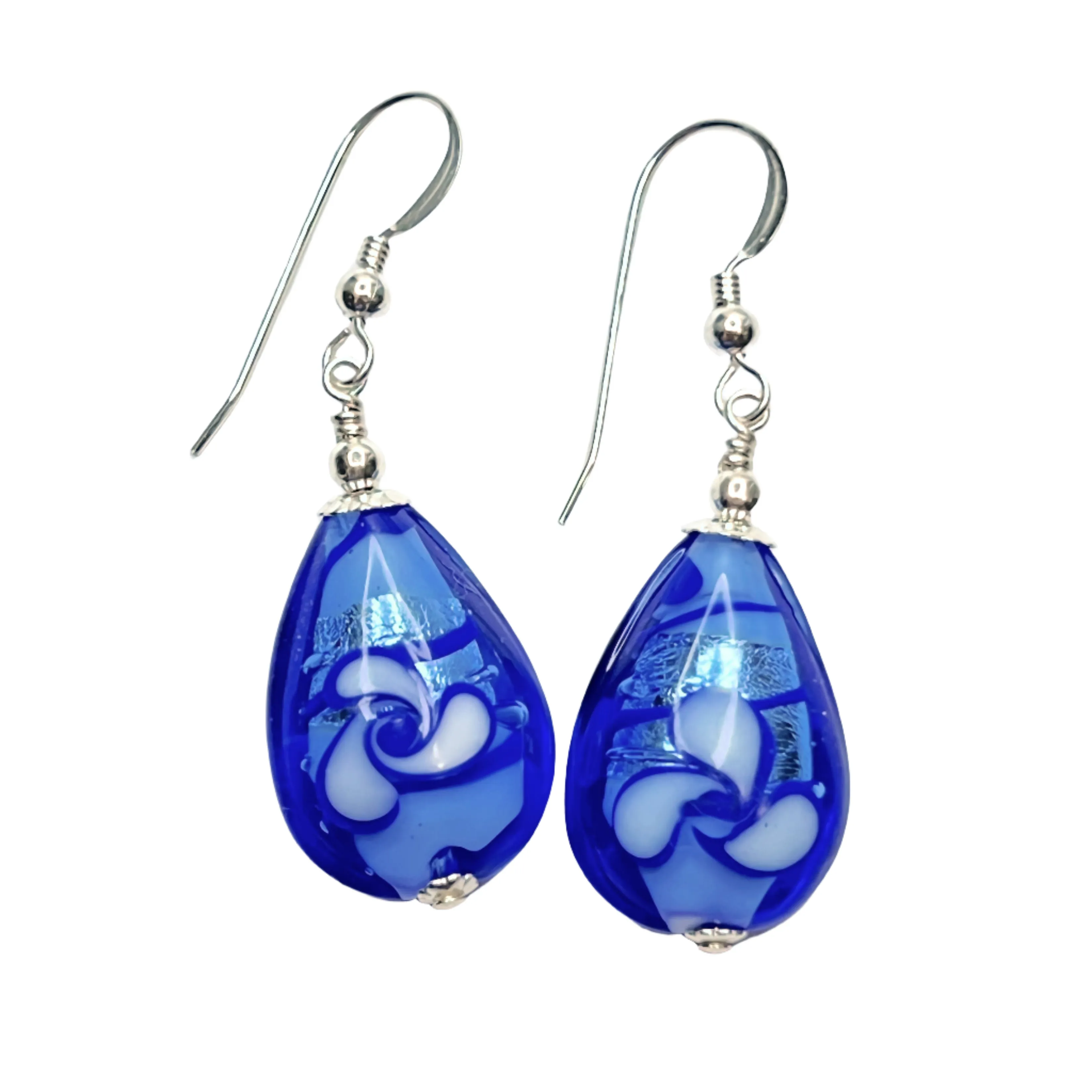 Murano Glass Blue Flower Teardrop Sterling Silver Earrings