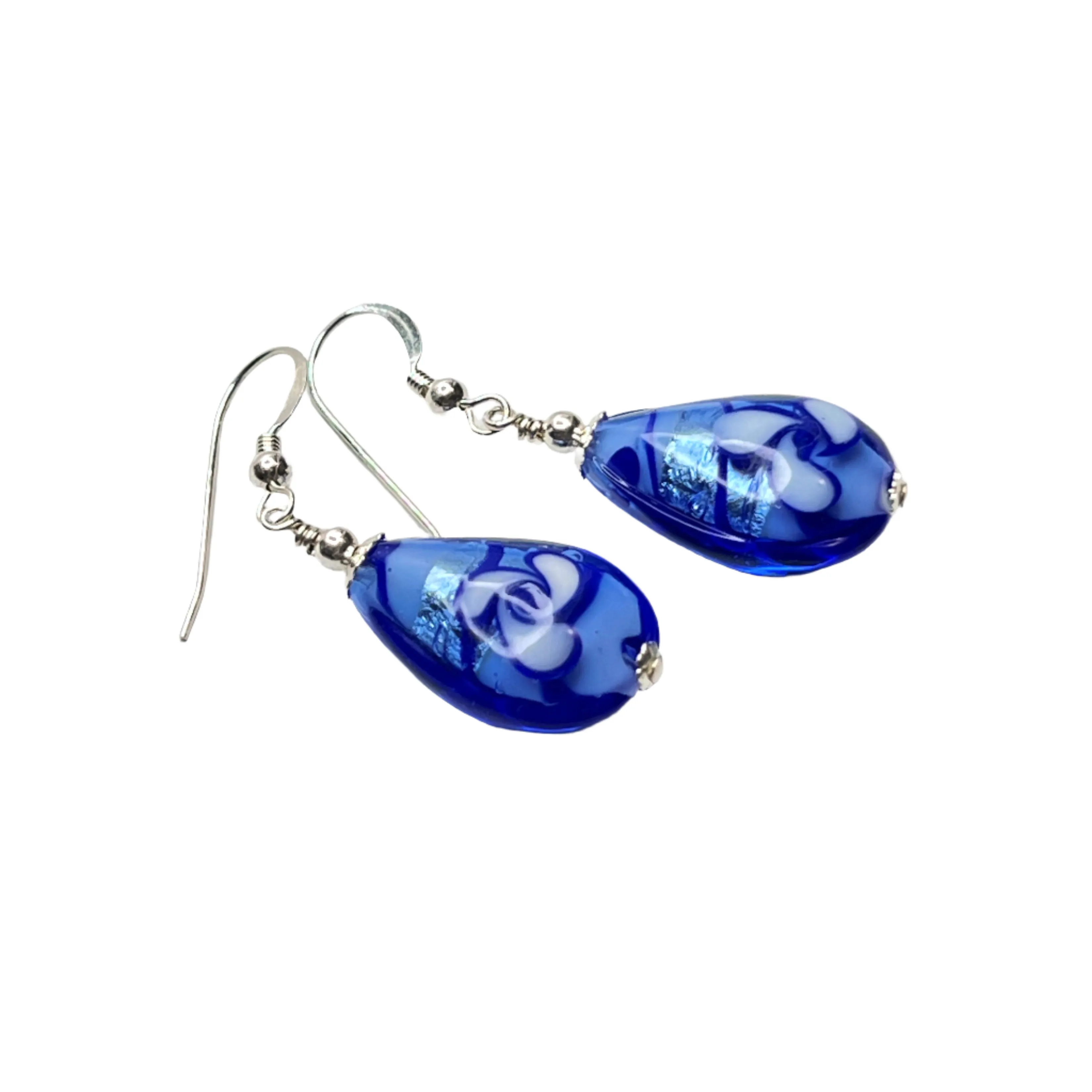 Murano Glass Blue Flower Teardrop Sterling Silver Earrings