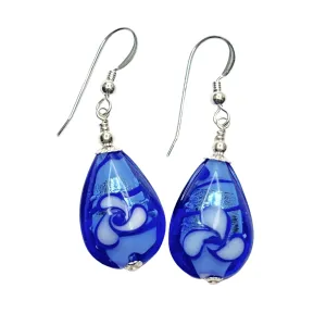 Murano Glass Blue Flower Teardrop Sterling Silver Earrings