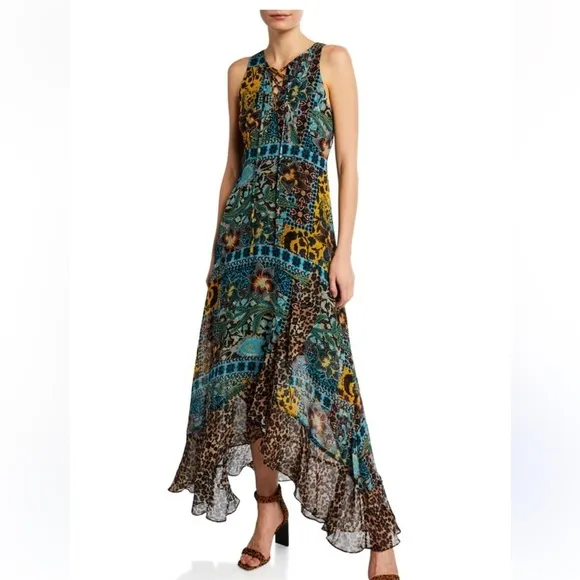Nanette Lepore Sleeveless Lace-Up Multi-Mixed Animal Print HI Lo Ruffle Maxi