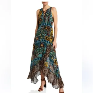 Nanette Lepore Sleeveless Lace-Up Multi-Mixed Animal Print HI Lo Ruffle Maxi
