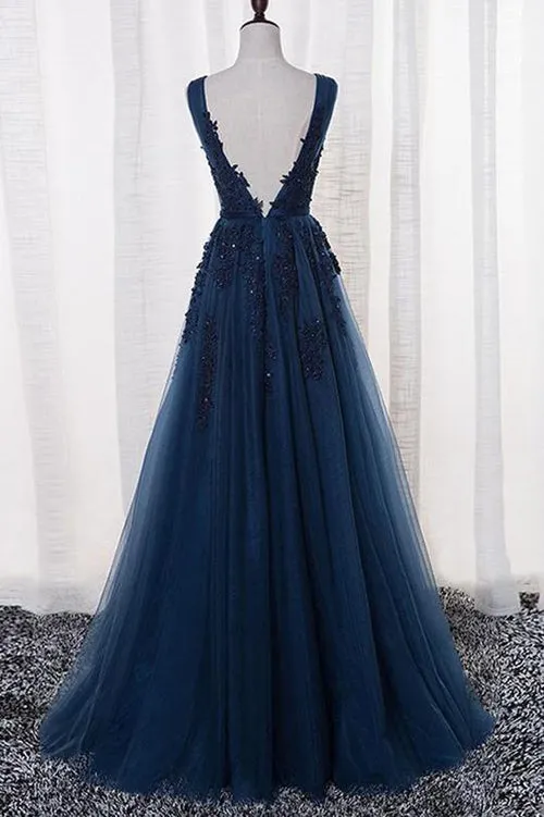 Navy Blue A-Line V-Neck Tulle Floor-length Prom Dress With Appliques, SP438