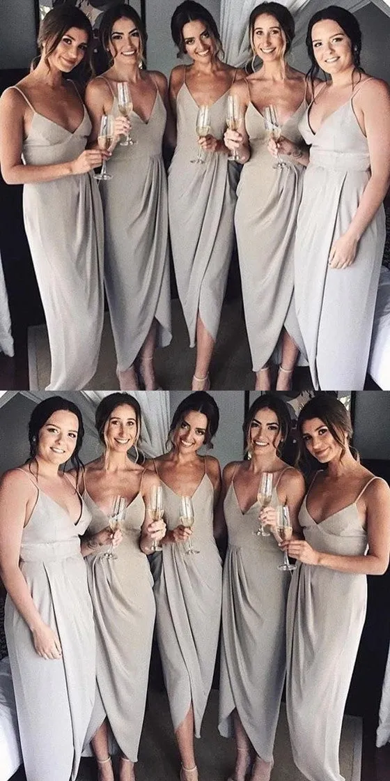 Neaest Simple V-neck Spaghetti Straps Sleeveless Grey Satin Cheap Bridesmaid Dress, BD0505