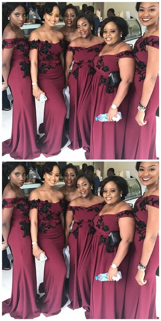 New Arrival Cheap off-the-shoulder Black Appliques dark red Bridesmaid Dress, BD0488