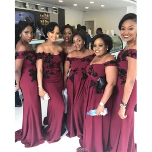 New Arrival Cheap off-the-shoulder Black Appliques dark red Bridesmaid Dress, BD0488
