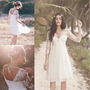 New Arrival chiffon 3/4 sleeves V-neck lace knee-length elegant wedding dresses, WD0335