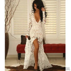 New Arrival Sheer Mermaid Plunging Neck Long Sleeves Front Split Illusion Lace Prom Dresses, PD0483