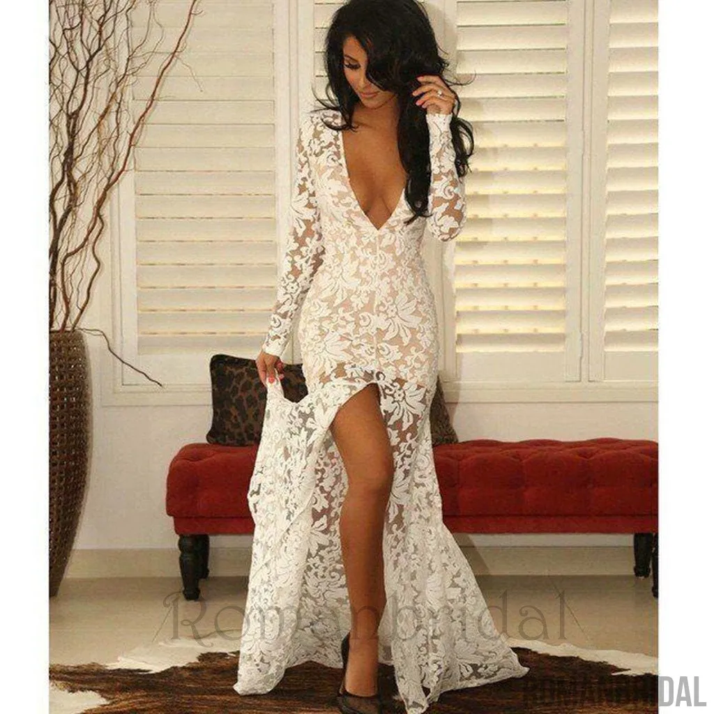 New Arrival Sheer Mermaid Plunging Neck Long Sleeves Front Split Illusion Lace Prom Dresses, PD0483