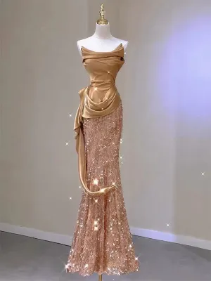 New Arrival Sleeveless Mermaid Cowl Neck Satin Prom Dresses , OL011