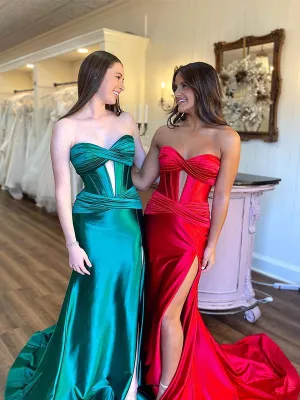 New Arrival Sweetheart Sleeveless Green Red Mermaid Prom Dresses with Side Slit, OL009
