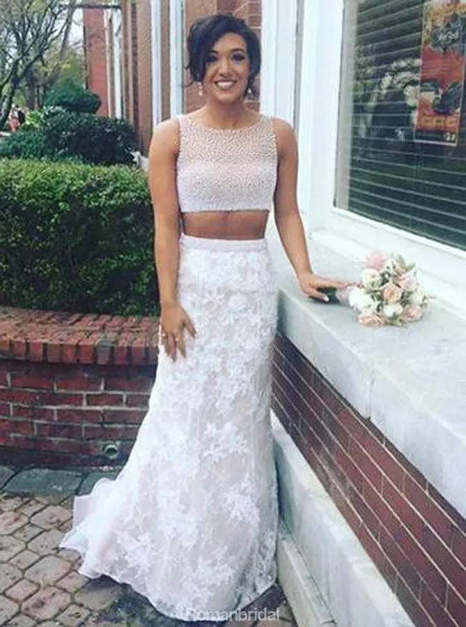 New Arrival Two-pieces Floor-length sleeveless Mermaid lace beading prom dresses, PD0109