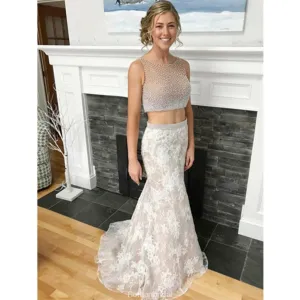 New Arrival Two-pieces Floor-length sleeveless Mermaid lace beading prom dresses, PD0109