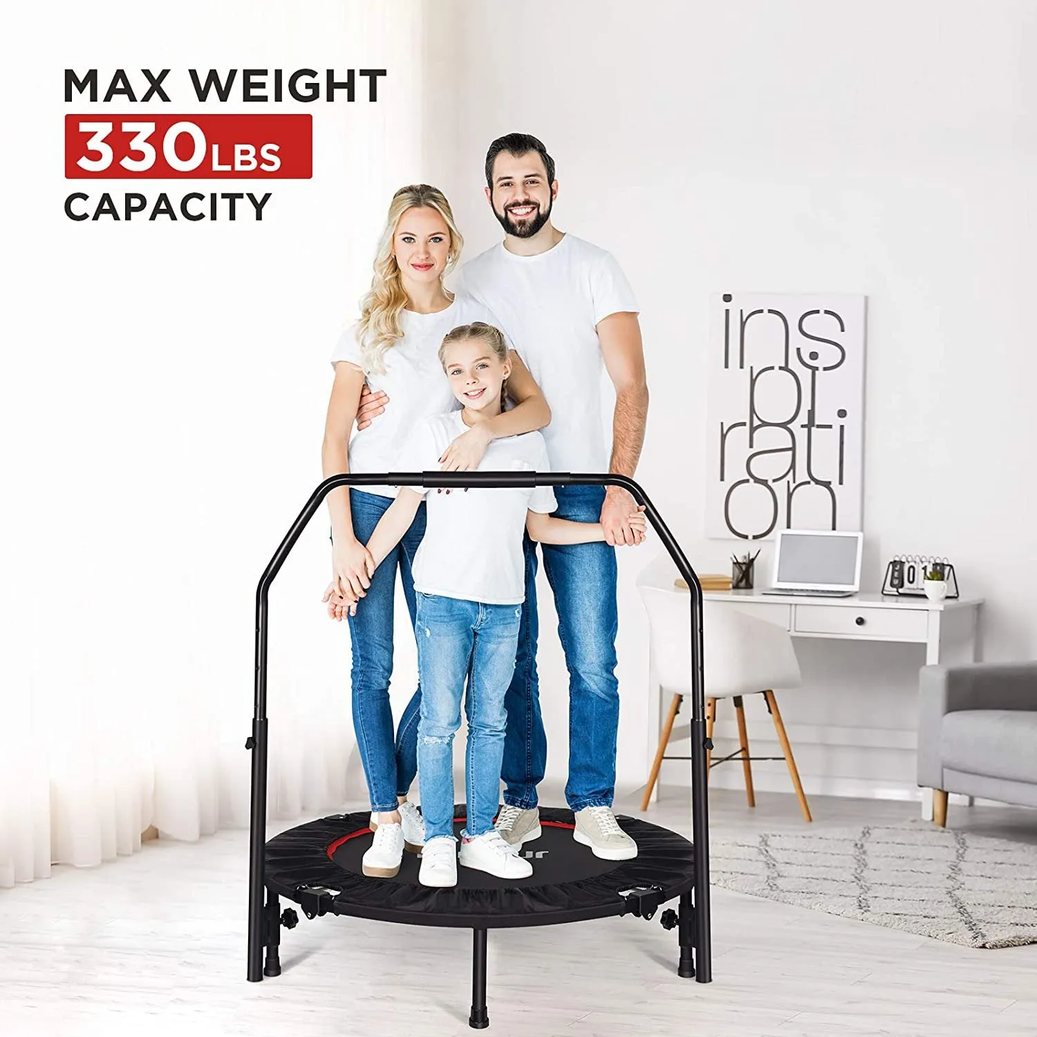 New Toncur Mini Trampoline 40" Foldable Trampoline for Kids Adults Fitness Rebounder with 5 Levels Adjustable Foam Handle for Indoor/Outdoor Workout Max Load 330 lbs