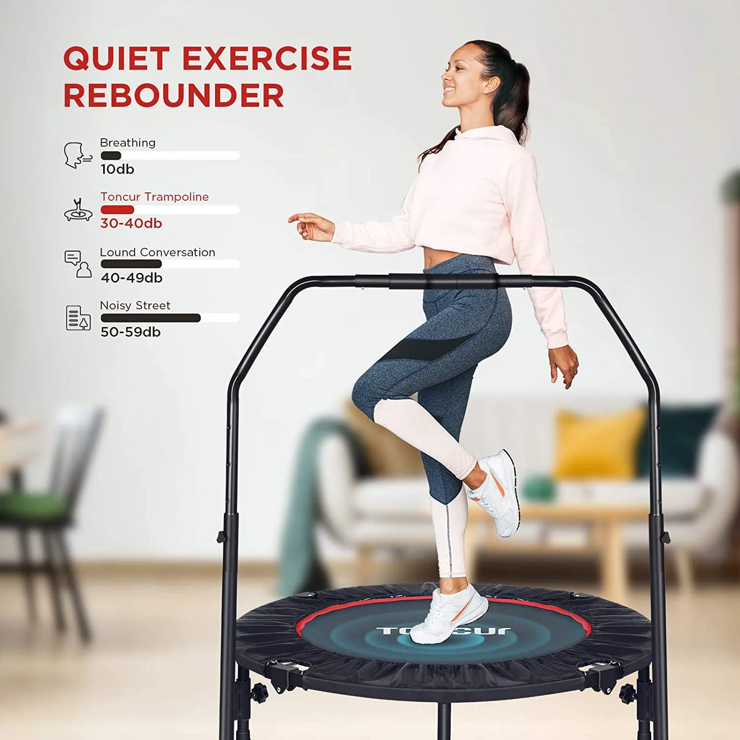 New Toncur Mini Trampoline 40" Foldable Trampoline for Kids Adults Fitness Rebounder with 5 Levels Adjustable Foam Handle for Indoor/Outdoor Workout Max Load 330 lbs