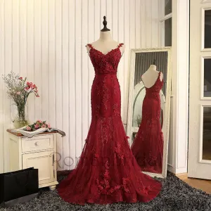 Newest Sexy Elegant Prom Dresses, wine red evening dress,mermaid evening gowns,burgundy prom dress,lace prom dress,High Quality Graduation Dresses, Prom Dresses, PD0472