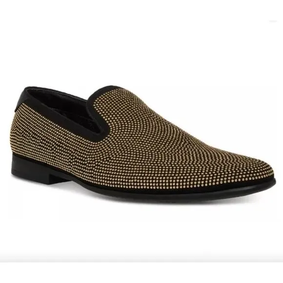 NIB $125 Steve Madden Mezmoryz Stud Smoking Slipper Black and Gold Men's 7.5