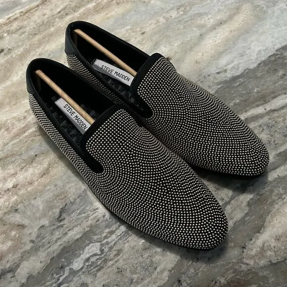 NIB $125 Steve Madden Mezmoryz Stud Smoking Slipper Black and Gold Men's 7.5