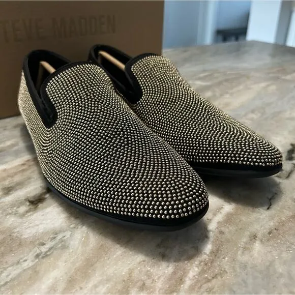 NIB $125 Steve Madden Mezmoryz Stud Smoking Slipper Black and Gold Men's 7.5