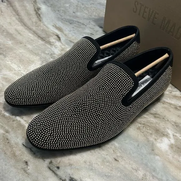 NIB $125 Steve Madden Mezmoryz Stud Smoking Slipper Black and Gold Men's 7.5