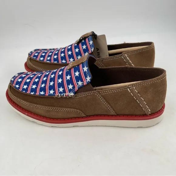 NIB! Ariat Kid’s Cruisers Dirty Tan Stars &amp; Stripes Moccasin Shoes -Size 5 Youth