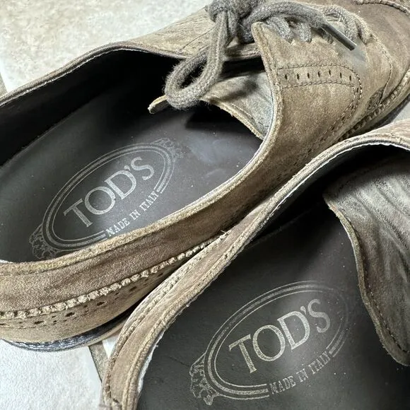 NICE TODS Handmade Suede Men's 7.5 Italy Leather Oxford Brogue Shoes Brown