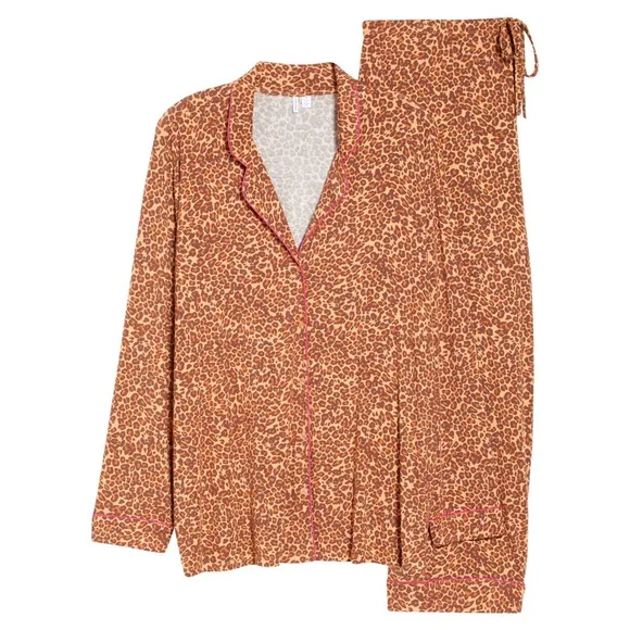 Nordstrom Moonlight Eco Knit Pajamas in Tan Sandstorm Leopard Spots Large NWOT
