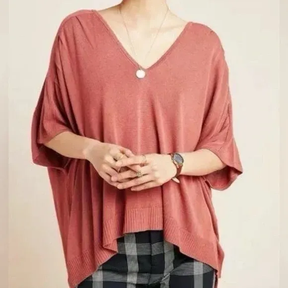 NWT Anthropologie Clara Rose Knit Top Linen Blend Size S V-Neck Short Sleeve