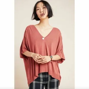 NWT Anthropologie Clara Rose Knit Top Linen Blend Size S V-Neck Short Sleeve