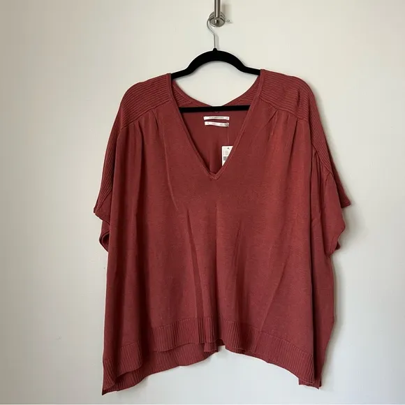 NWT Anthropologie Clara Rose Knit Top Linen Blend Size S V-Neck Short Sleeve