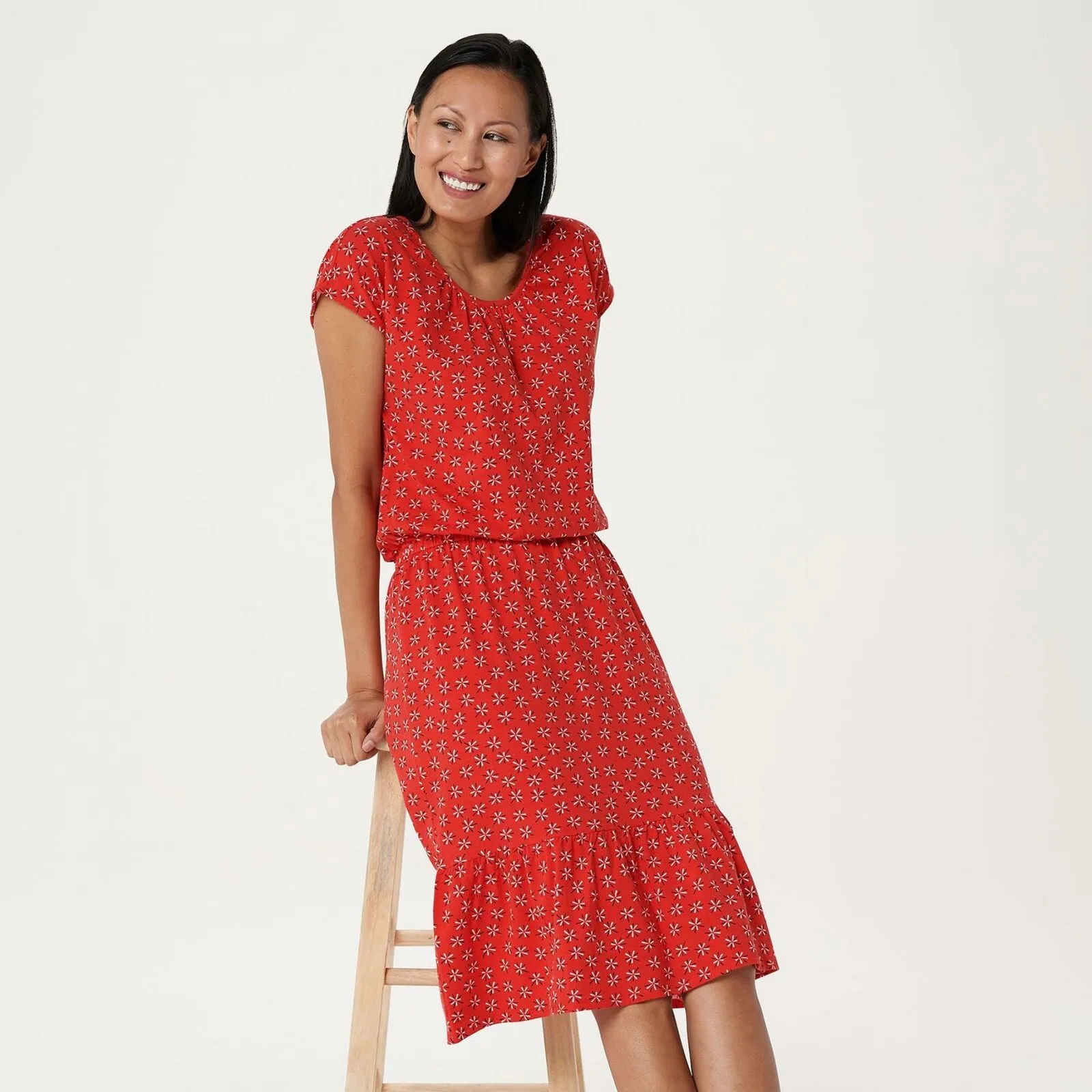 NWT Denim & Co Womens Floral Print Dress With Ruffle Detail. A365735 Large