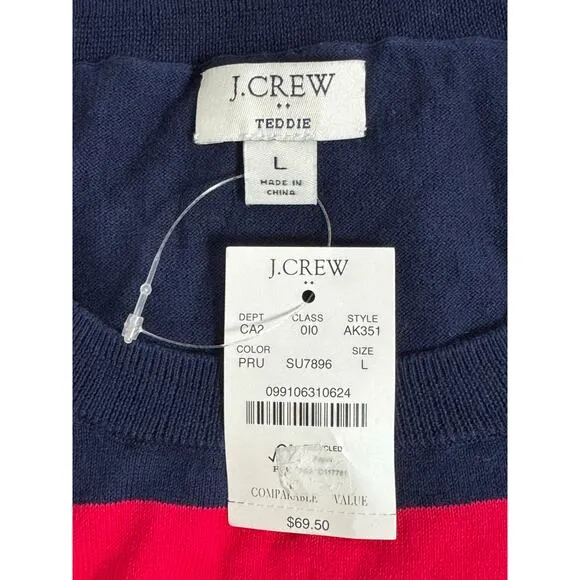 NWT J.Crew Teddie Cotton Navy and Pink Striped Sweater Size L