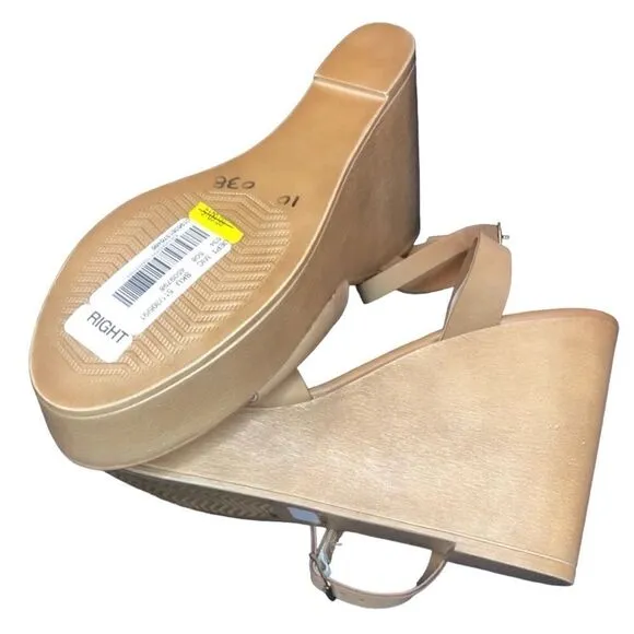 NWT Steven Madden Tan Khaki Sandals Open Toe Back Cross Straps Wide Wedge