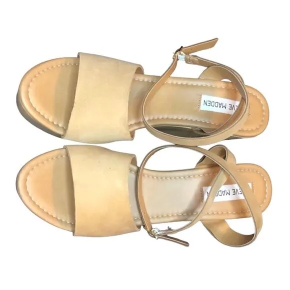 NWT Steven Madden Tan Khaki Sandals Open Toe Back Cross Straps Wide Wedge