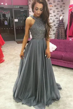 O-Neck Beading A-Line Long Cheap Prom Dresses,Grey Evening Dresses For Women OK833