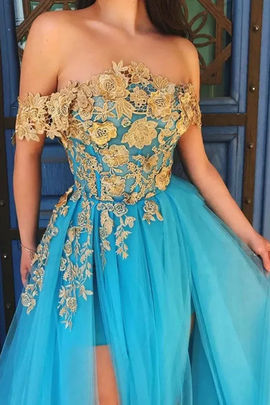 Off Shoulder Blue Gold Lace Prom Dress Long Lace Formal Evening Dress OKT93