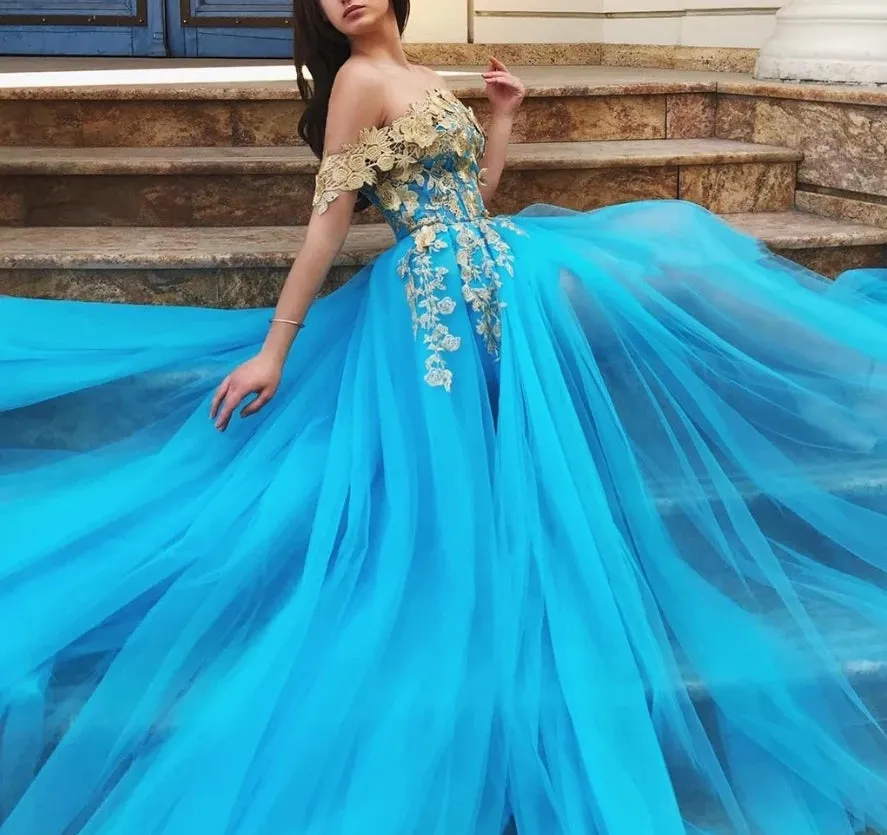 Off Shoulder Blue Gold Lace Prom Dress Long Lace Formal Evening Dress OKT93